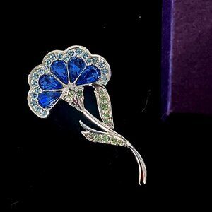 Swarovski Signed Rhodium Blue Floral Crystal Rhinestone Brooch Pin FREE SHIPPING